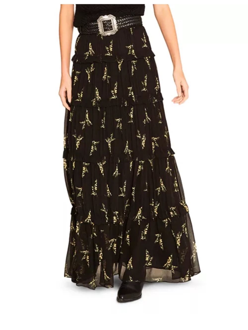 ba&sh Black Maxi Skirt with Yellow Floral Print